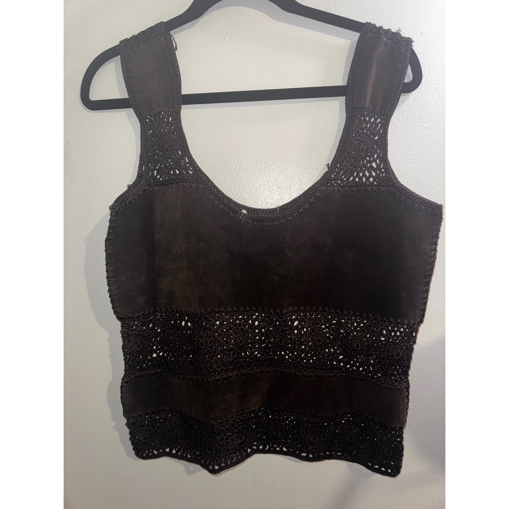 Gantos Vintage Brown Suede Leather Crochet Knit Tank Top Small Boho Western